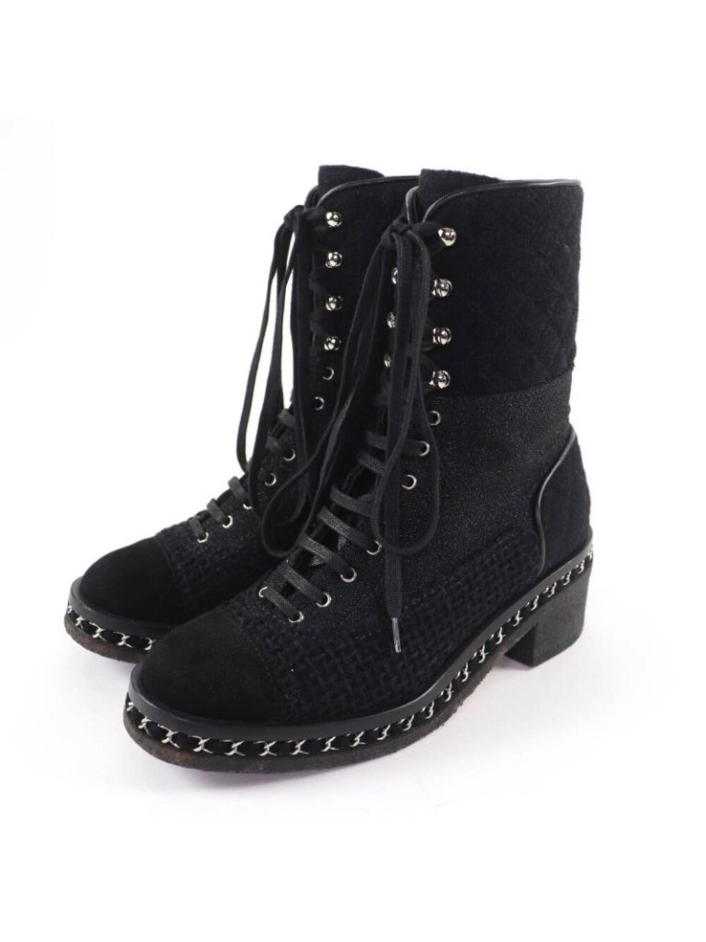 Chanel Suede Leather CC Logo Quilted Combat Boots Short